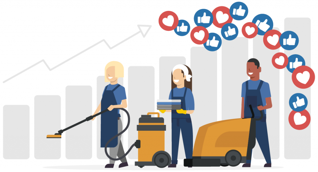 Drei Reinigungskräfte mit Maschinen vor einem wachsenden Säulendiagramm.