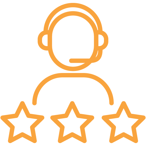 Orange coloured icon of a customer service agent with three stars underneath them to symbolise customer service and feedback that help a business stand out.