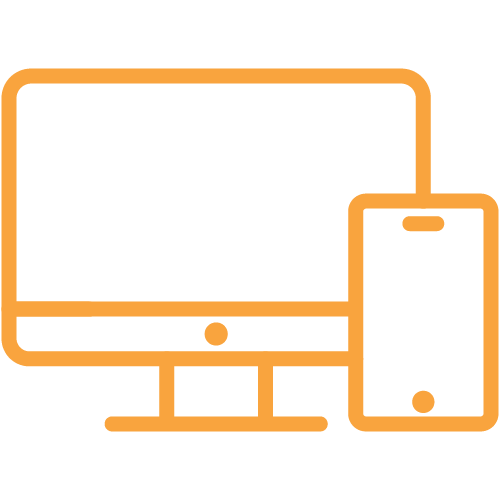 Orange coloured icon of a computer screen and a smartphone, showing social media as an advertising method.