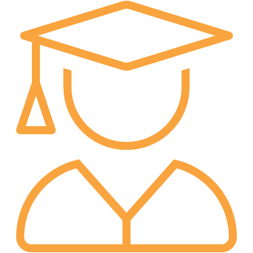 Orange coloured icon of a graduating student, which symbolises employee education.
