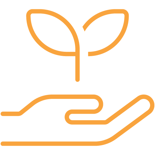 Orange icon of a hand holding a plant to symbolise environmental sustainability that makes a business stand out.