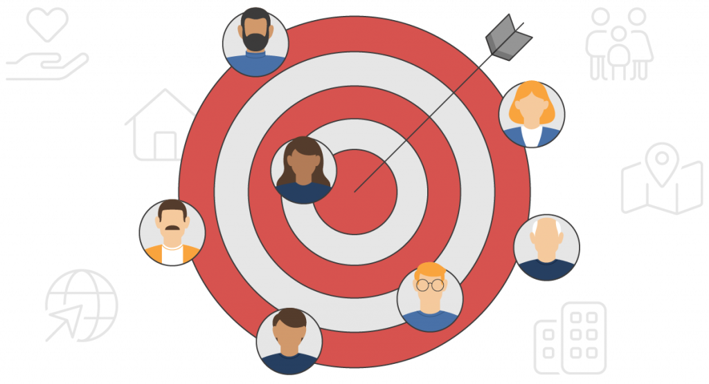 Red dart board with an arrow in the middle and portraits of people on the board to show target audience as a part of the marketing strategy.