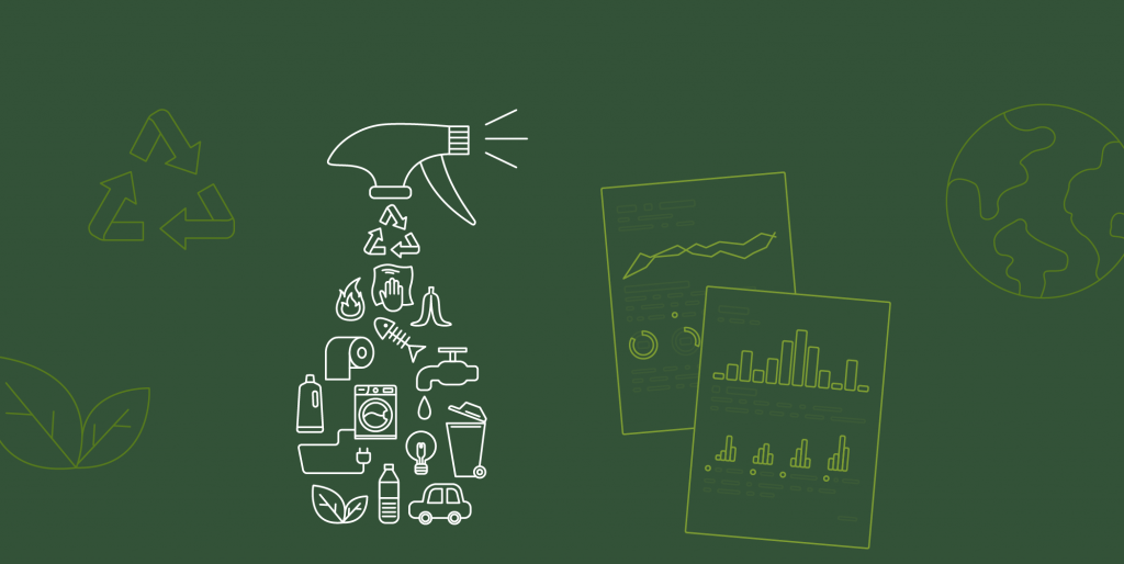 Sprühflasche aus Umweltsymbolen mit Recycling- und Diagrammsymbolen.