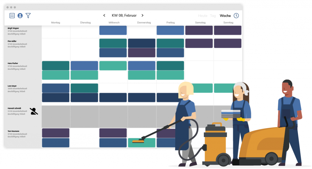 Digitale Einsatzplanung für Reinigungskräfte: Schichtblöcke in der Wochenübersicht.