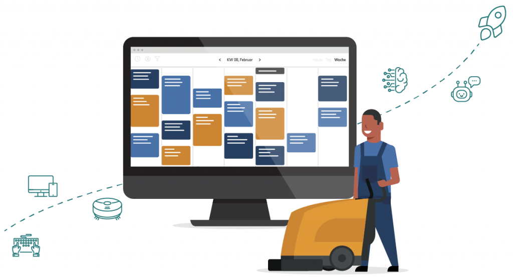 Digitale Einsatzplanung für Reinigungsunternehmen: Schichtblöcke in der Wochenübersicht.