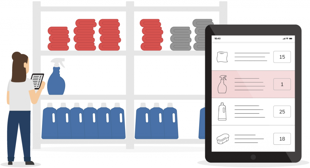 Lagerverwaltung für Reinigungsmittel: Tablet mit Bestandsanzeige.