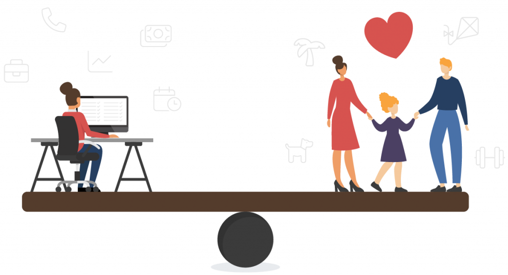 Waage mit Arbeit auf der einen und Familie auf der anderen Seite – Symbol für Work-Life-Balance.