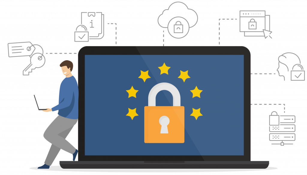 Illustration af cybersikkerhed med en lås på en skærm omgivet af EU-stjerner samt ikoner for datasikkerhed.